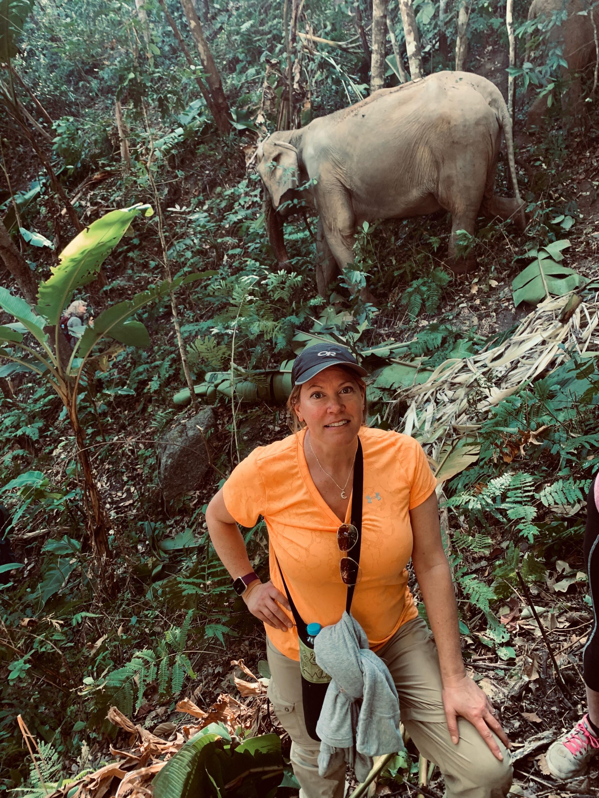 A woman standing in a jungle with an elephant on a hillside in the background