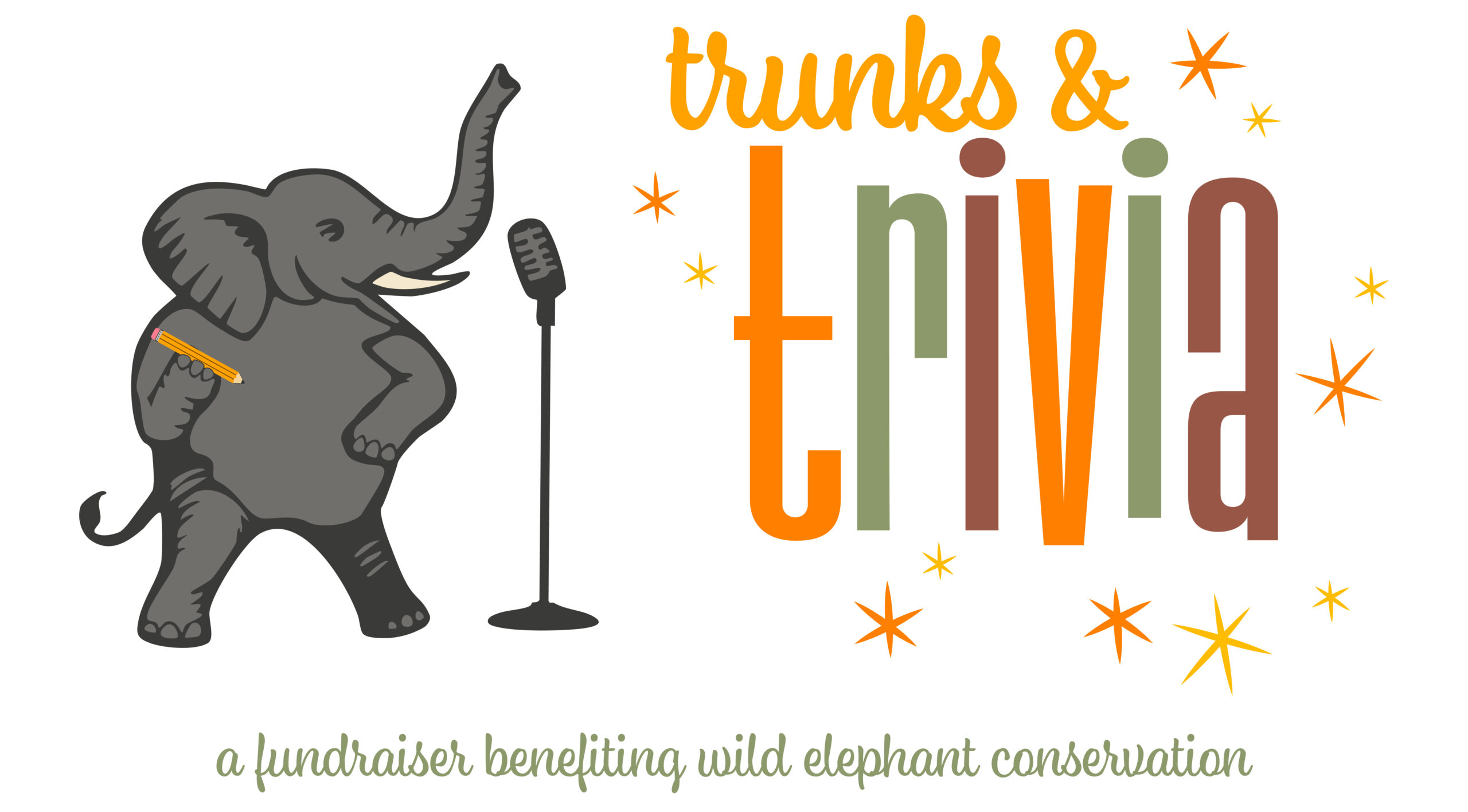 An illustrated elephant standing in front of a microphone holding a pencil. The text reads: Trunks & Trivia, a fundraiser benefiting wild elephant conservation.